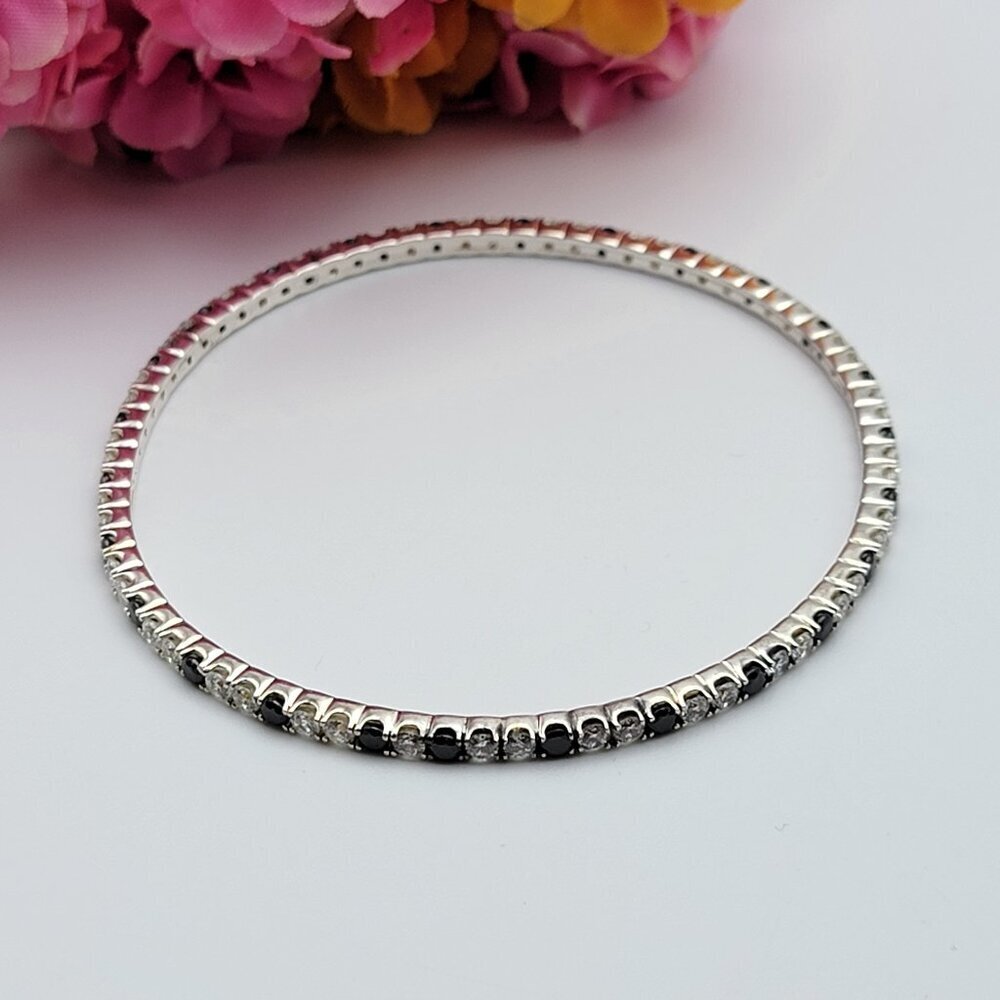 Vintage KOREA 925 Sterling Silver Black And Clear Zirconia Bangle Bracelet 9.5"